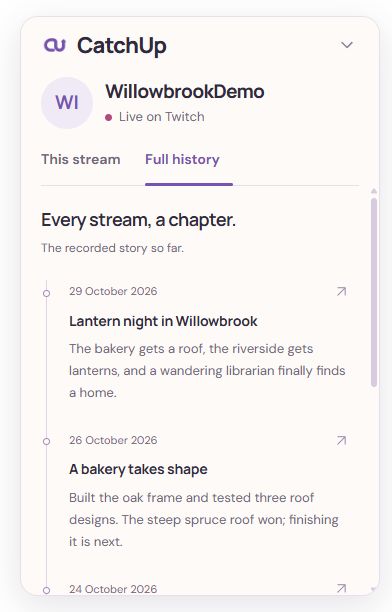 CatchUp’s Full history view, with an entry for each recorded stream.